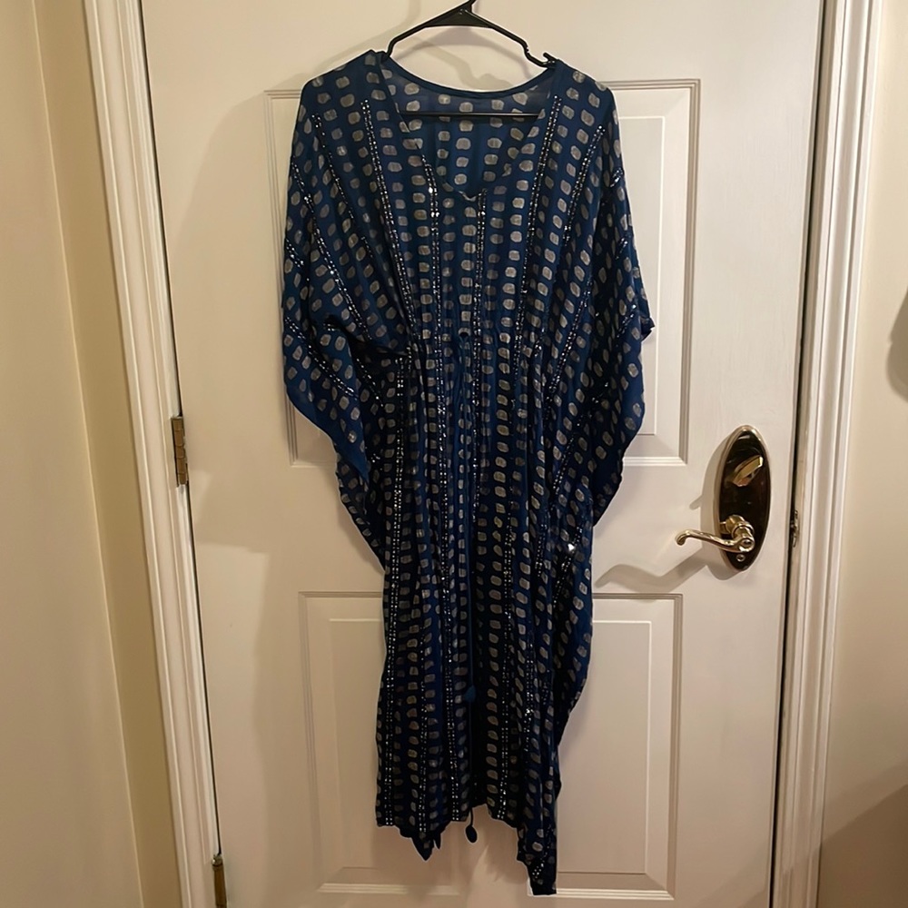 Long cotton with embellishment blue spotted dress/cover up